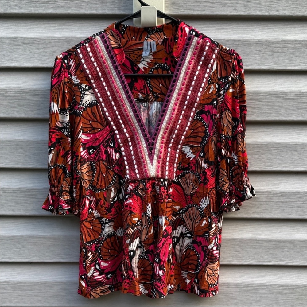 Anthropologie Bl^nk London Butterfly Top‎ Pink Orange V-Neck Blouse XXS